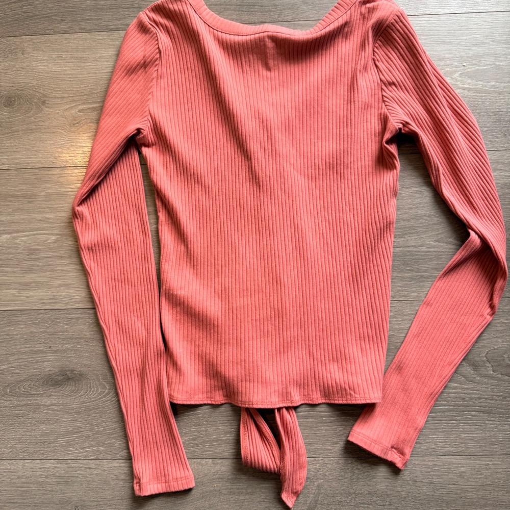 Hollister Ribbed Knit Cardigan Button Front Tie Waist Long Sleeve Coral Small - Picture 5 of 5